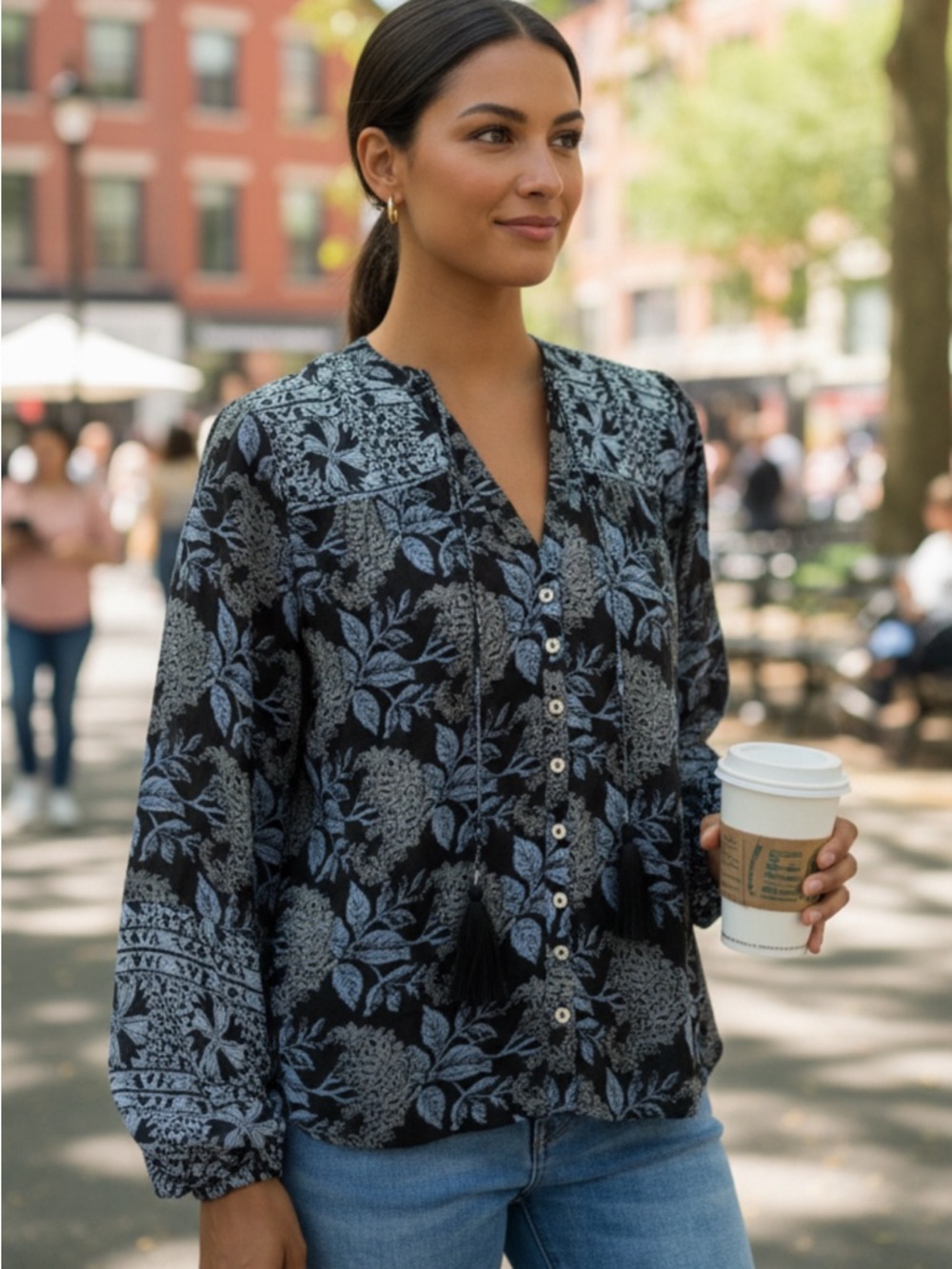 Elan Boho Floral Button Front Black Blue Long Sleeve Tassel Peasant Top NWT